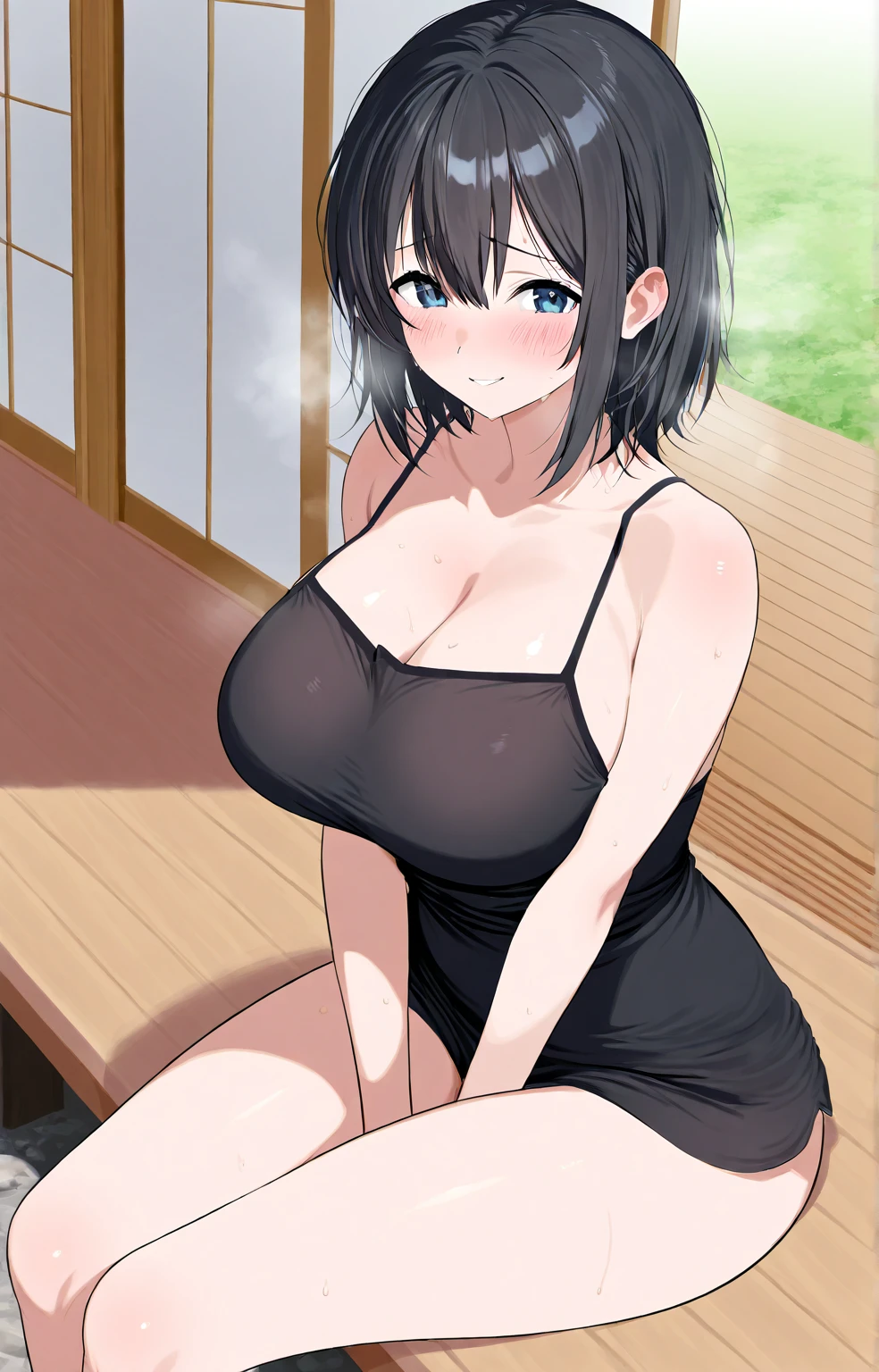 Masterpiece, yor, 1girl,  Great cleavage:1.0、Narrow waist、Big Ass、sexy、Medium Breasted:1.0 pose cleavage:1.2、solo、Watching the audience、Mouth open、Black Hair、Red eyes、gem、clavicle、Side Lock、hair band、Earrings、indoor、Behind the arm、plant、Long Rock Short Hair、白いhair band、Big side hair、Very long side hair、(masterpiece:1.2、Highest quality)、(Ultra-high resolution)and rendered with exquisite depth of field.。このmasterpieceは、Not only is it visually stunning、((Completely naked、squat、front))