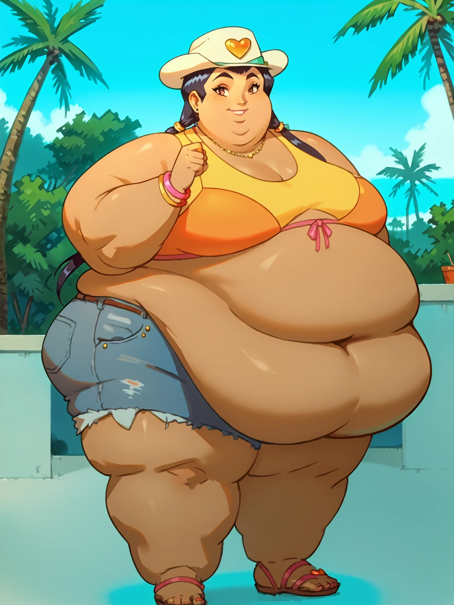 (work of art:1.2, best qualityer:1.2), soft ambient lighting, perfect lighting, 1 girl, standing alone, Chel, Bblack hair, long hair, rhombus stripe, eyes browns, darkskin, lipstick, breasts big, Broad Hips, top of the tube, neckleace, bared shoulders, emerald earrings, emerald bracelets, looking at the camera with a smug expression on his face, beach background, very large body, fat belly rolls, big breasts, sexy smile, fat arms, thunder thighs, super fat, looking at viewer, wet clothes, sweating very hard, sexy looking, blob, breathtaking
