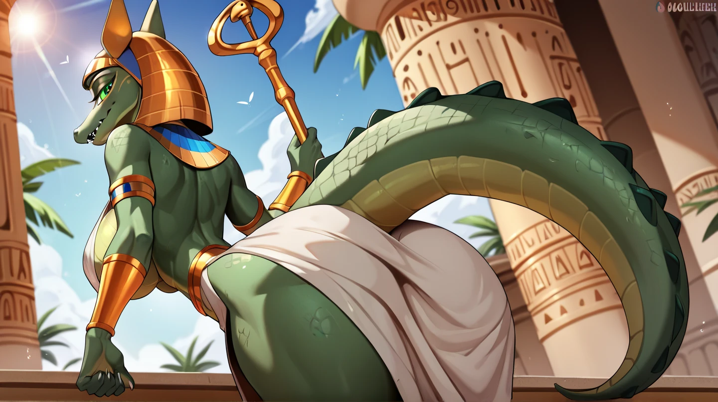 (((mortal human fuck in anus god Sobek))), 2 male, gay sex, ((Gods of Egypt)), Guviz-style artwork, made with anime painter studio, anime realismスタイル, Realistic anime art style, painted in anime painter studio, Inspired by god Sobek, In an anime style, handsome crocodile, Inspired by god Sobek, anime realism, glowing yellow eyes, showing big sharp teeth, a choker, Multiple piercings, (((god Sobek Egyptian mythology))), Inspired by god Sobek, Nile river and Egypt pyramids on background, sexy pose, full body, ((round buttocks)), ass presenting, looking back, big ass, (((smooth green skin))), glossy green skin, god Sobek face, big glossy and smooth testicles, ((puffy donut-shape glossy anus)), small fat penis, crocodile face, crocodile skin, crocodile tail, crocodile muzzle, ((no ears)), no hat, ((crocodile ears!))