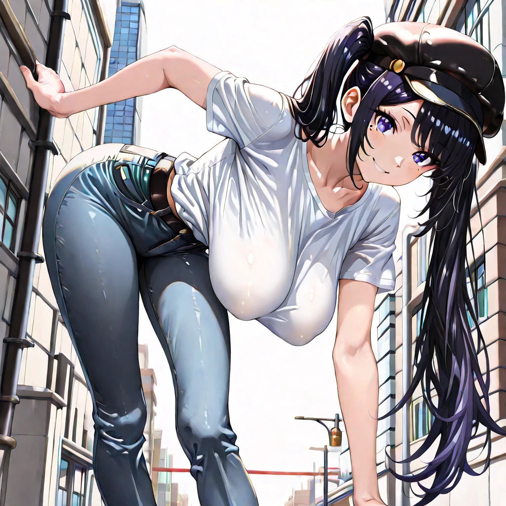 masterpiece, extremery magnificent view, perspective, extremery best quality, extremery detailed CG, 8k wallpaper, ultra high resolution, highly detailed face, highly detailed eyes, perfect anatomy, super detailed skin, not safe for work,
(dynamic angle, casual pose:1.2), outdoors, downtown, (leg focus, full body:1.3), (beautiful face, beautiful eyes, beautiful legs),
1girl, 20 year old, European woman, brown hair, straight hair, long brown hair, forehead, blue eyes, large breast, hard nipples, (blue blouse), cleavage, bare shoulder, skinny, wide hips, thin waist, (skinny jeans:1.4), (blue jeans:1.4), (gray sneakers)