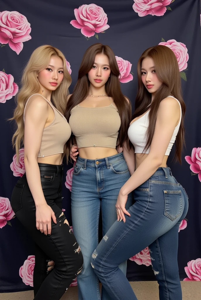 halfbody shot, (2heads:1.4),  1koreangirl posing for camera, different hair color, brown hair, blonde hair, different hairstyles,croptop,  high-waist shorts, indoor setting background