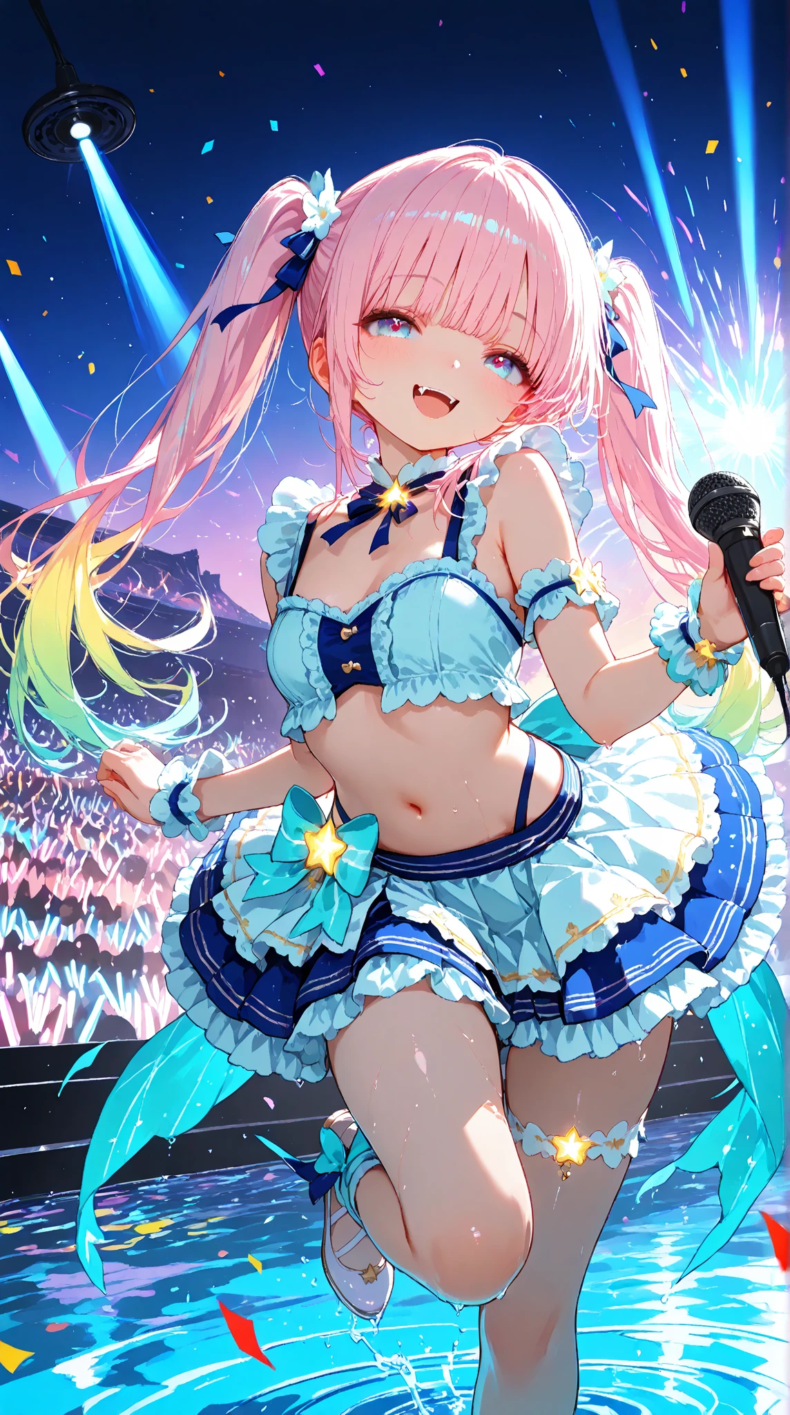Dynamic Angle, Upper Body, One Girl, Smile, Wolf Ears, Wolf Tail, Pink Eyes, Hair Between Eyes, (((Wink)))), D Cup, Cleavage, Striped Hair, (((((Colorful hair color: 1)))), Variegated Hairstyle: 1, Twin Tails, Ultra-detailed Gradient Hair, Idol Costume, Professional Designer, Ruffled Dress, Love Live, Jewelry, Backstage, Best stage, climax, professional stage, (((Sing emotionally with your left hand holding the microphone, overflowing emotions, best smile))), singer, vocalist: 1, Idol, diva, professional stage, professional lighting, live lighting, distracting, fan service: 1, ((satellite photo seen from the audience)))), (((((Panchira, cute panties))))