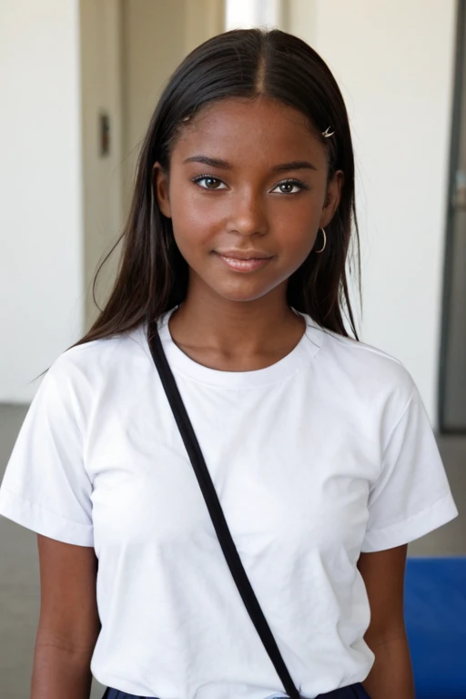 14 year old girl with short black hair and light brown skin wearing a wet t-shirt