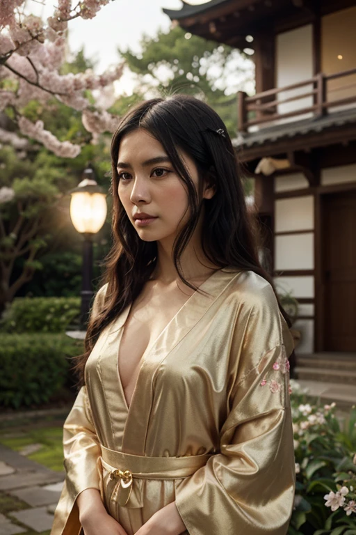 gyaru, (shiny oiled skin:1.2), Wearing traditional patterned Japanese kimono, cinematic lighting