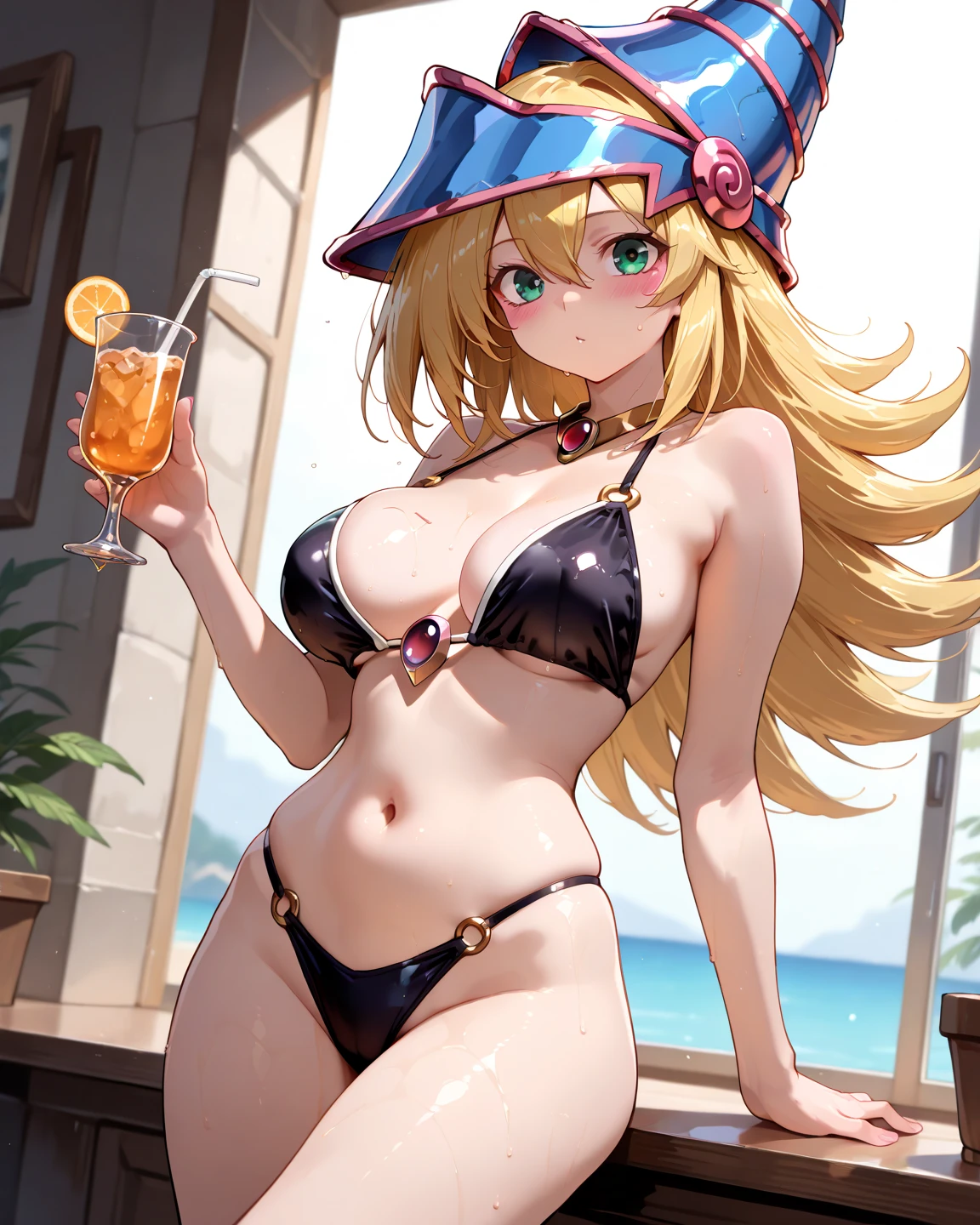 (best quality,master part:1.2),soio,1girl,detailed red swimsuit,blonde hair,seios grandes,Praia,areia,mar azul,clear sky,cores vibrantes,luz solar suave,Brisa fresca,atmosfera relaxante,vista deslumbrante,Reflections on water,Conchas,dedos arenosos,gaivotas voando,Conchas,sunhat,summer vibes,momento sereno,tranquilidade,Horizonte sem fim,tropical paradise,Guarda-sol,cadeira de praia,peaceful waves,shining waters,bebida fresca,toalha de praia,palmeiras exuberantes,tropical backdrop,exotic getaway