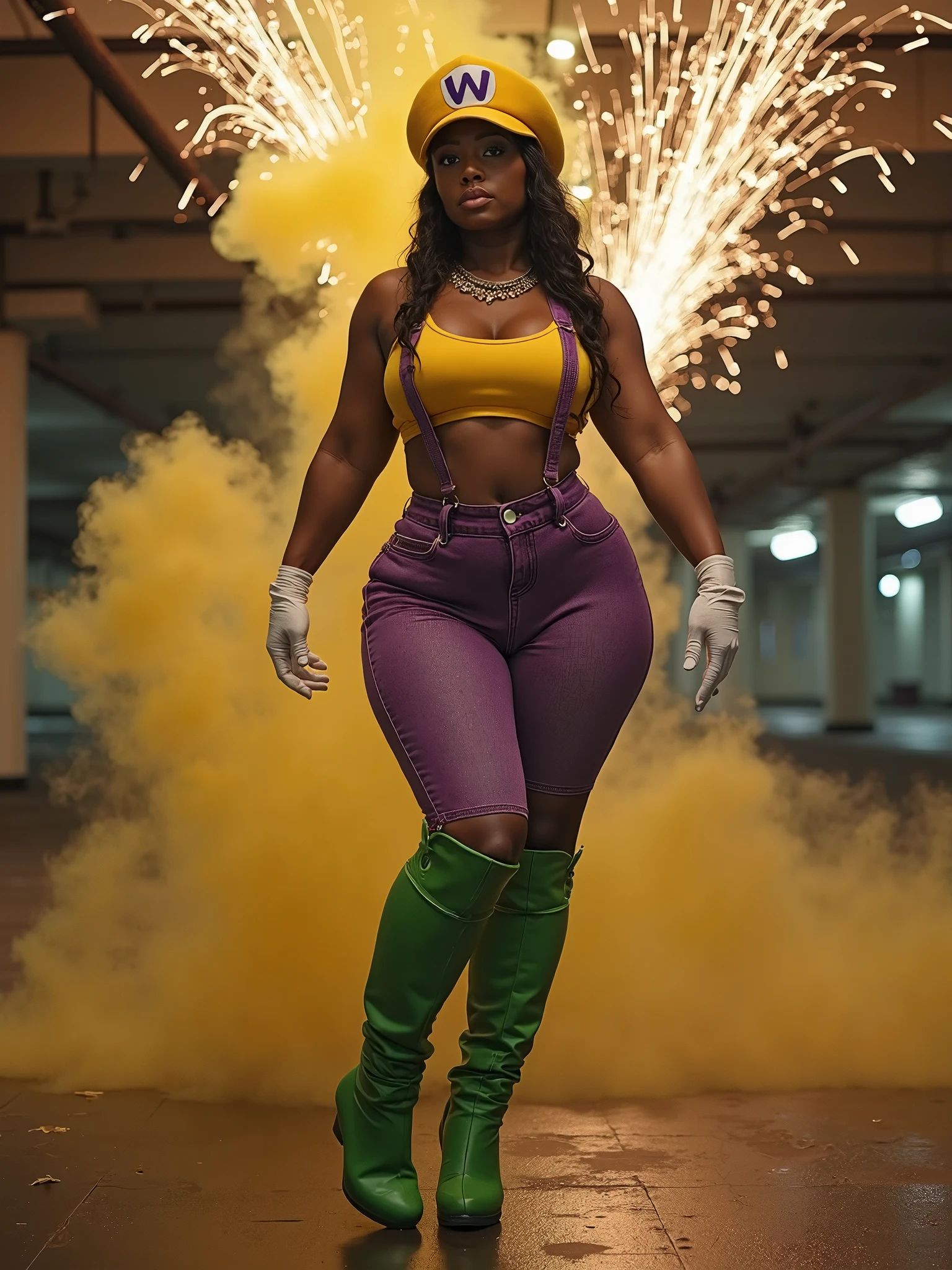 full body beautiful photo model woman sexy, bombshell, chest, long thighs, brunette, long curly hair, brown eyes, blue neon leather pants, yellow beon leather jacket, blue neon t-shirt, green neon leather boots, walking dark midnight city street