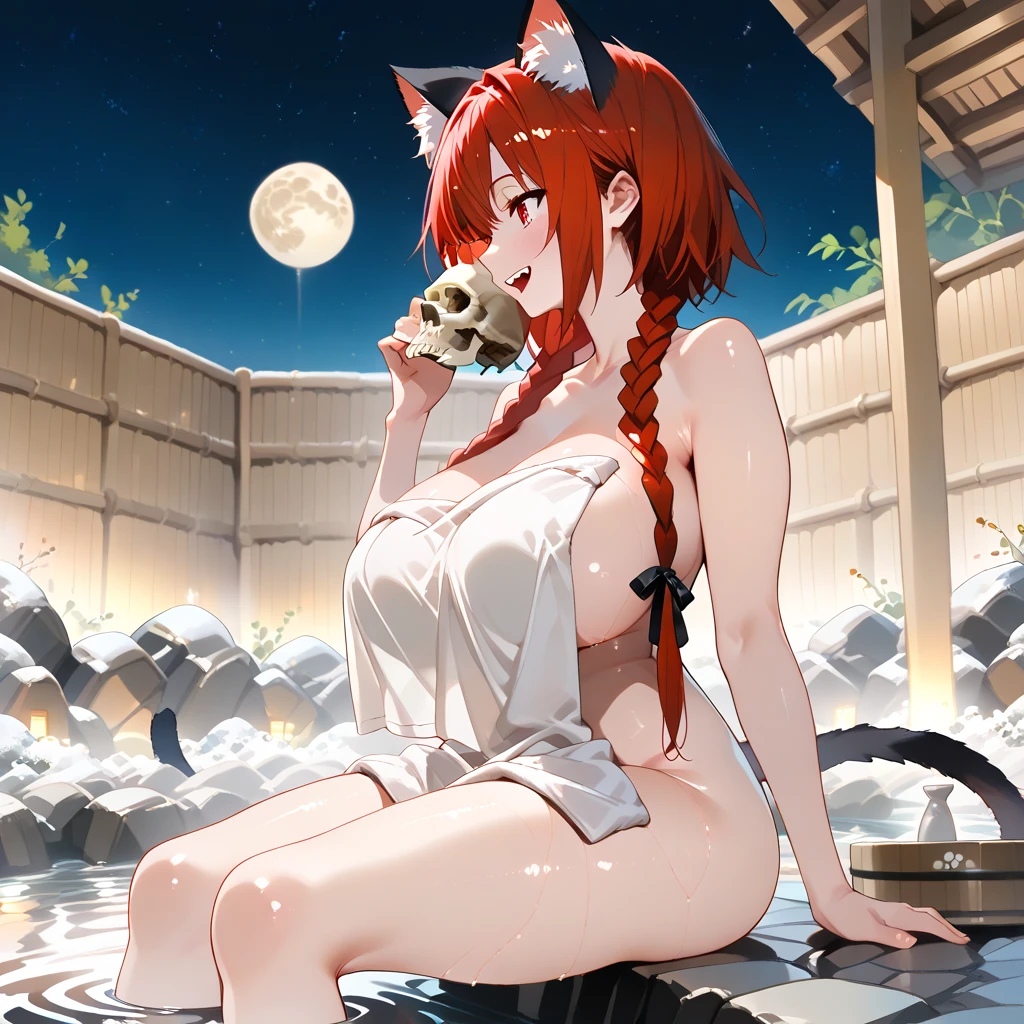 ((ultra realisitic)), ((picture-perfect)), ((face perfect)), ((ultra detaild)), ((fully body)), ((perfectbody)), sensual girl bathing in an onsen on top of an idyllic mountain, silver and red hair, horns around the head, malicious, haughty, best qualityer, fully body, ((naked in a towel))