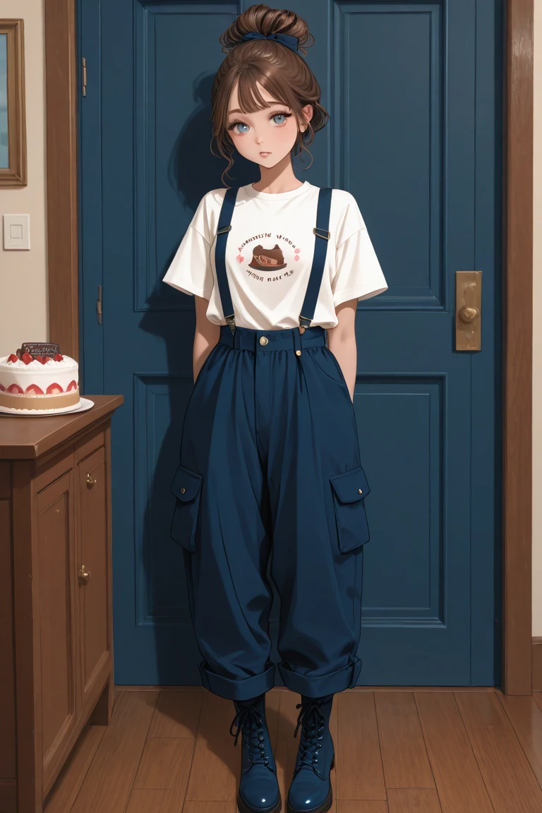 Funny Disney style pizza character in baggy blue clothes with medium length brown hair dolls