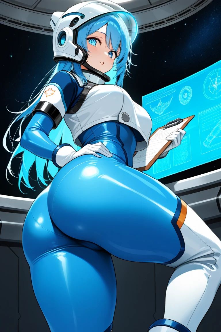depth of field, perfect lighting, light particles, female, alien, (cute, blue face, long blue hair), solo, space, (butt facing viewer), ((spacey suit)), (((farting))), macro,