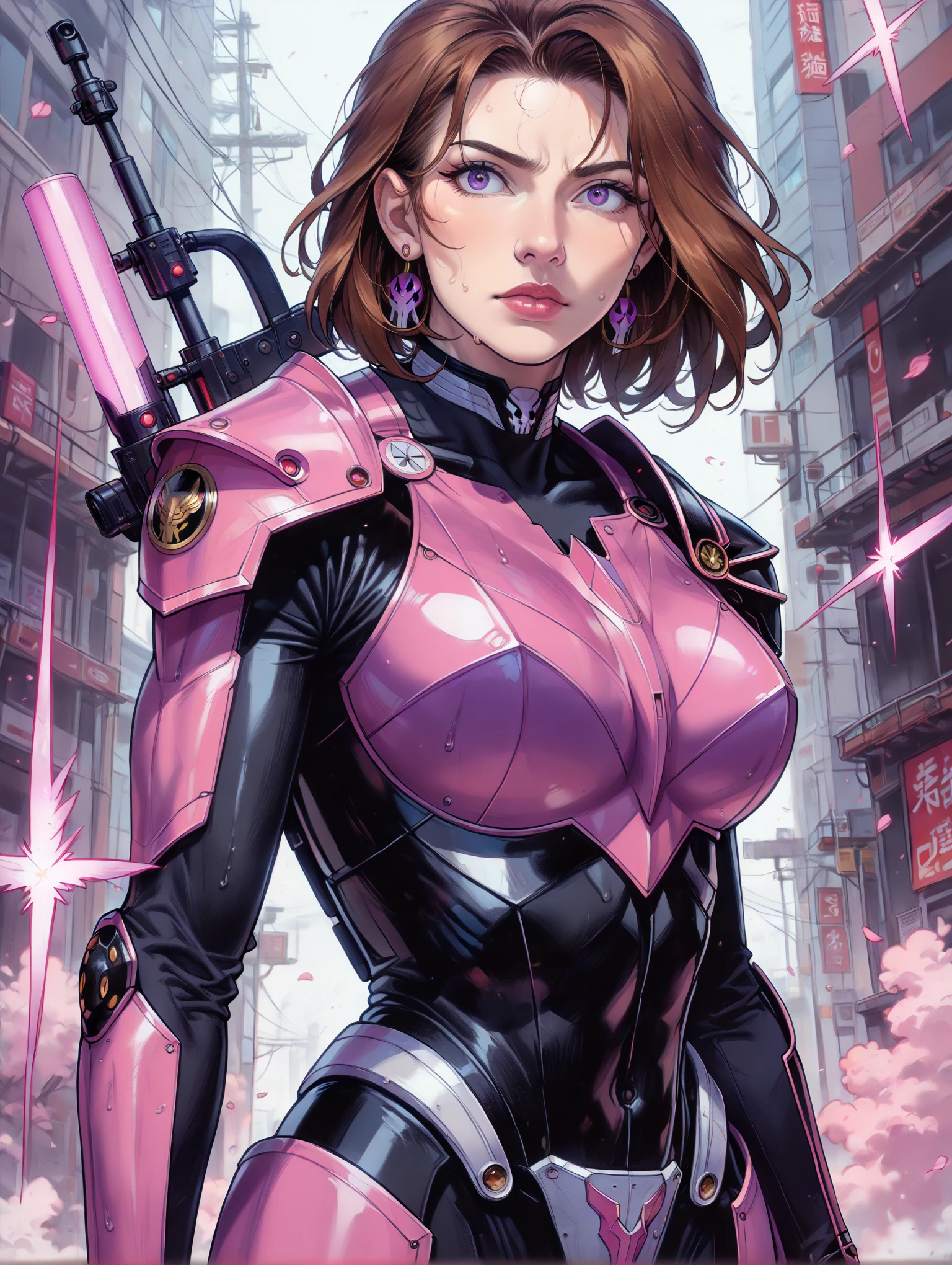 Score 9, Score 8 Up, Score 7 Up, Live Action, Cowboy Shot, (Japanese Anime Style)(Realistic Fantasy)(Clear Focus)(Sharp Contours)(Vivid Colors), (Dynamic Angles and Positions)(Intense Battlefield Combat Scene: 1.2)(Emphasis on Powerful Movement)(Solo Shot of a Woman)(48 Year Old Japanese Woman), (Purple Power Ranger)(Holding an Assault Rifle: 1.2)Brown Hair in a Chignon, Sweaty and Tensed Expression, Thin Face, Very Thin Pencil-Like Nose, Upturned Nose Tip, Thin Nose Tip, Thick Lips, Pointy Chin, Slender Body (Large Breasts)(Purple Base and Body Armor Suit: 1.5)(No Bra)(Nipples Protruding from Under Top)Gear, Bone Conduction Communication Choker, Small Bomb Earrings, Dynamic Angles, Best Quality, High Resolution, Ultra High Resolution Photos, Ultra Realistic Textures, Glossy Skin, 8K Resolution, 16K Resolution