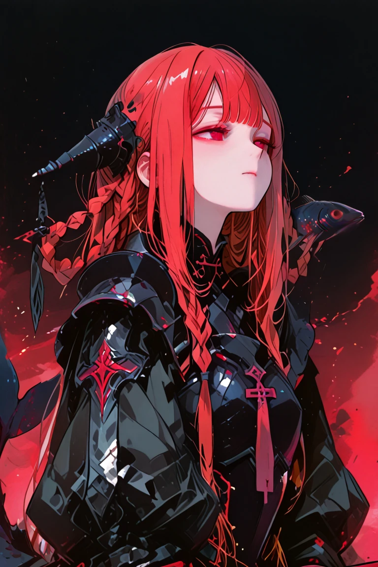 score_9, score_8_up, score_7_up, score_6_up, score_5_up, score_4_up, source_アニメ, tomboy girl, long hair, Bust Cup B , open-chest outfit, Guillotine Cross Set, breastplate, waist armor, Armor, red hair, metal hair accessories, red eyes, Sparkling eyes, Make Potions, ขายยา Potions, Right hand holds Potions , Potions glass bottle, skull shape, clear glass, crystal Potions, clear red, light particles, Magical light
