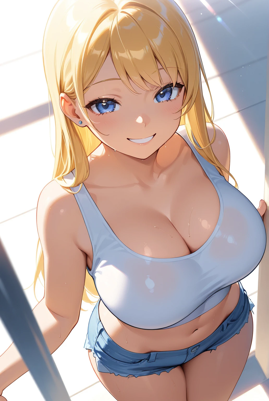((masterpiece, best quality, highres, UHD, RTX, perfect pixel, depth of field, 4k, extremely-detailed))), 1girl, single, solo, beautiful anime girl, beautiful artstyle, anime character, ((long hair, parted bangs, middle part hair bangs, blonde hair)), ((blue eyes:1.4, rounded eyes, beautiful eyelashes, realistic eyes)), ((detailed face, smirking)), ((smooth texture:0.75, realistic texture:0.65, photorealistic:1.1, anime CG style, vibrant color)), ((ample breasts, cleavage:0.9, busty)), dynamic angle, perfect body, ((POV, dynamic pose)), ((white spaghetti straps, jeans, women belt, fashionable, single handbag, 1diamond necklace)), doorway, luggages, 