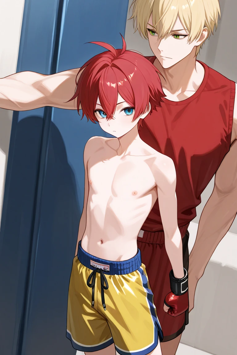 1 boy, jockstrap,flaming red hair, 