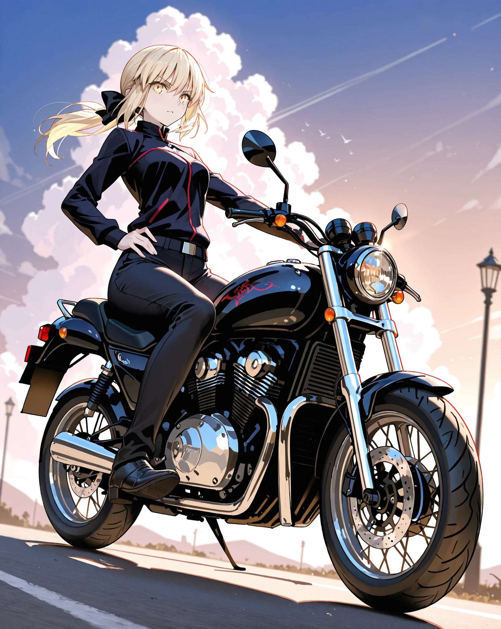 Anime,Anime,(masterpiece:1.5)(highlydetailed)(dark)(on the bridge)(under the moonlight),(Black and white comics),(illustration)Holding a motorcycle,The face is dull,glowing light eyes,(full bodyesbian)(solo)(1girl)(longliverhair)(hair loops)(Wing-like bangs)(Dull hair)(leather boots)(hitman)(Lighting in the back)(white hair)(red eyes)(City Bridge)(themoon)(nylon tights)(motorcycle rider)(holding a motorcycle helmet)