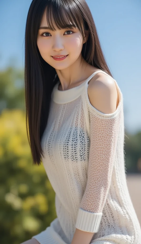 Anatomically correct body, masterpiece, Highest quality, High resolution, Super detailed, smile, (8k, RAW Photos,Highest quality, High resolution:1.1), (hyperRealistic:1.4),(Realistic, photoRealistic:1.3), soft light,one cute 18yo girl,Realistic face,Realistic body,Realistic skin,(cute:1.8), Fine black eyes,Innocent eyes,mini skirt,((Medium Hair:1.1)),((Floating Hair)),Upper Body,Slightly parted lips, Upper teeth, (Smiling Eyes:0.6),Blurred Background, Eye focus, young, Japanese,