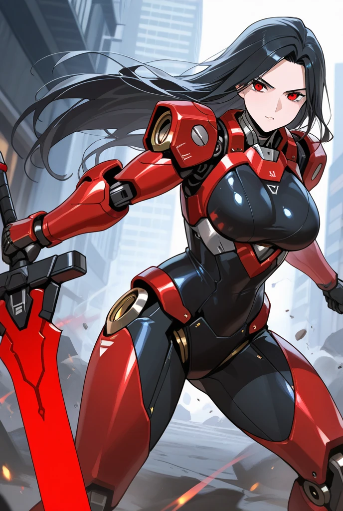 Red cyborg suit、17 years old、beautiful girl、ponytail、Black Hair、fight、blue beam、H Cup、Sparks fly,