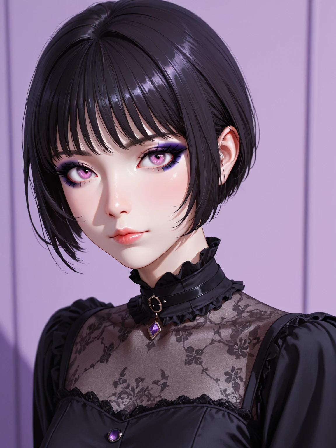A woman (hyuuga hinata) with Roxo hair and Luminous eyes(Empty eyes) looks at the camera,
ruanyi0801,revealing clothes,jewelry,chainmail,sleeveless,tight skirt
Beautiful picture of the character, character portrait, character portrait, 🤤 hinata huyga character art, epic portrait illustration,
oil and watercolor painting, dark, chiaroscuro, MythAn1m3(UHigh resolution, retina, masterpiece, Accurate, Anatomically correct, Textured skin, Very detailed, Attention to detail, high quality, 最high quality, High resolution, 1080p, High resolution, 4K, 8k, 16k), (Beautiful details, Beautiful lip detail, Very detailedな目と顔),(masterpiece:1.2, 最high quality), (Realistic, photoRealistic:1.4), Beautiful illustrations, (Natural Side Lighting, Cinema Lighting), Looking at the audience, Upper Body, (Front view), 1 girl, Perfect Face, Symmetrical cute face, Shiny skin, Baby Face, Long eyelashes, (Mid-chest), (Wide Hips:1.2),Shortcuts,Beautiful Hair, Beautiful Face, Beautiful and beautiful eyes, Beautiful body, Beautiful breasts, Beautiful thighs, Beautiful feet, Beautiful fingers,
(Beautiful views),16 years old,Pale skin,Woman in black corset and goth hair, With earrings, One Girl, alone, Black Hair, short hair, ring,(pierce:1.5),(Punk Style:1.5),(Gothic Dress),(Black Lips:1.7),