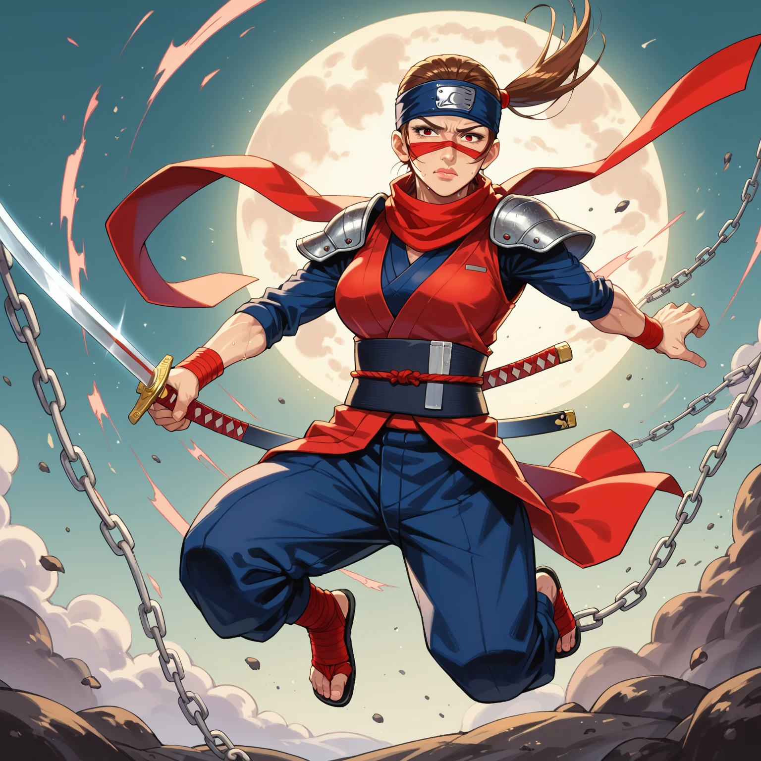 Score 9, Score 8 Up, Score 7 Up, Live action, Cowboy shot, (Japanese anime) Sharp focus, Sharp contours, Bright colors, (Mature solo image) (Experienced kunoichi) Black costume, mask, holding sword, attacking, jumping, 48-year-old Japanese mature woman. Beautiful chestnut hair tied up. Swinging sword, sweating, nervous expression, ideal facial features, small face, slim face, very thin pencil nose, upturned nose tip, thin nose tip, thick lips, pointed chin,, ideal facial features, small face, thick and large wet lips, wrinkles between the eyebrows, wrinkles around the mouth, smooth skin, red scarf, ((Slender and busty body)), (Transparent chain mail on upper body), (No bra), (Erect nipples under top: 1.2), (One ninja sword: 1.5), Shoulder pads, Tabi socks, Kunai attached to thighs, Wristband,
(High resolution, hard action masterpiece, Sharp focus, Best image quality)