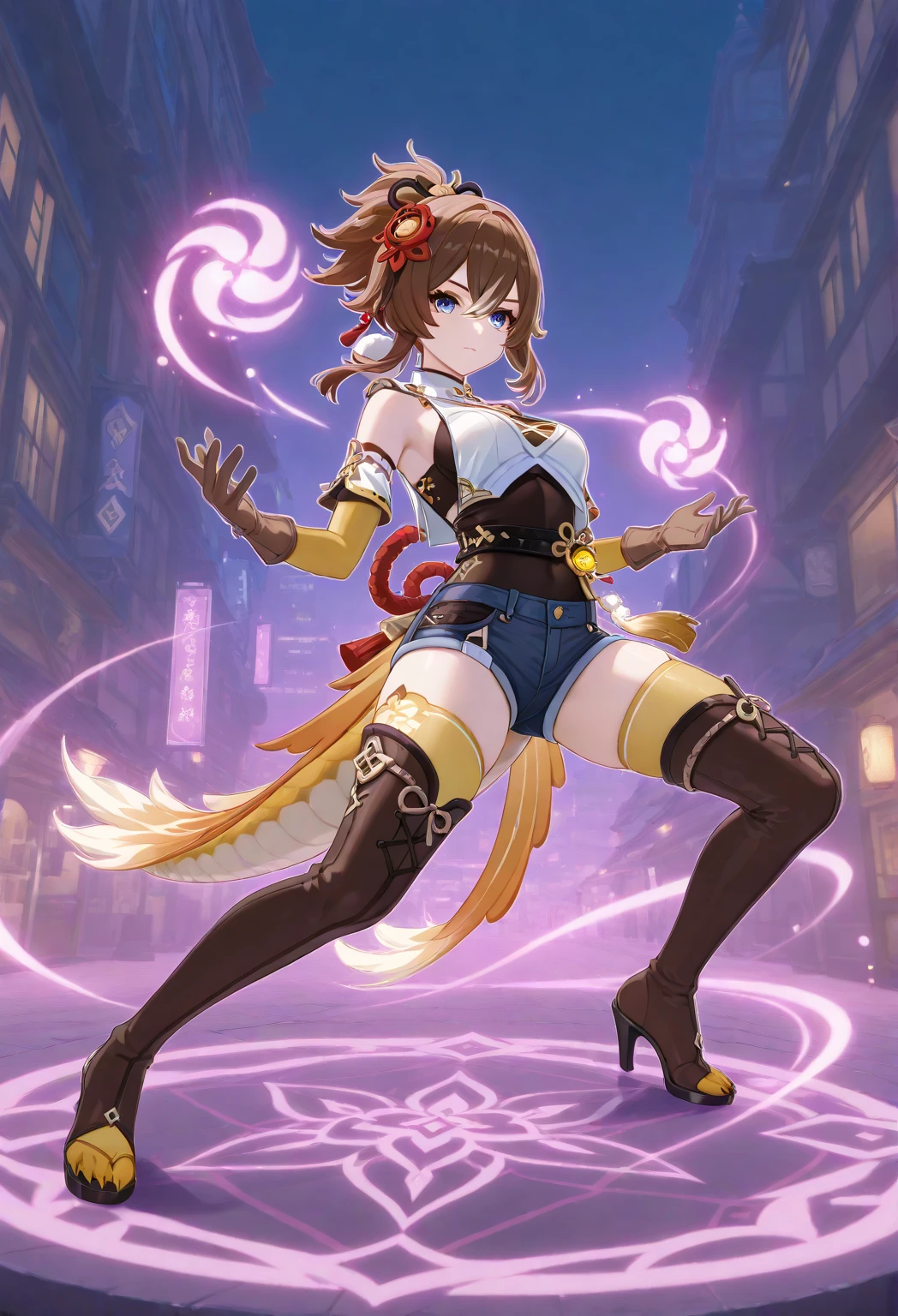 young girl, brown hair, Two buns, golden eyes, Tiger ears, Chinese yellow and blue dress, Shorts, Ironbound Bracers, Winks, Smile, Masterpiece, hiquality