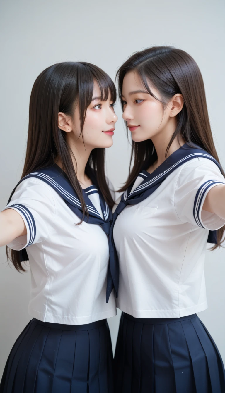 8K quality, Masterpiece, Bright lighting without shadows, Two busty women standing side by side, (Super big breasts squeezed by clothes:1.2), Whitening skin, Sparkling Blue Eyes, (Deep crimson sailor collar uniform), Pleated skirt, Above the knee, Her huge breasts are squeezed by her hands through her clothes, Bend forward to emphasize super busty posture, White panties, Breast Grab, Eyes closed and mouth open, (Emphasize super busty),