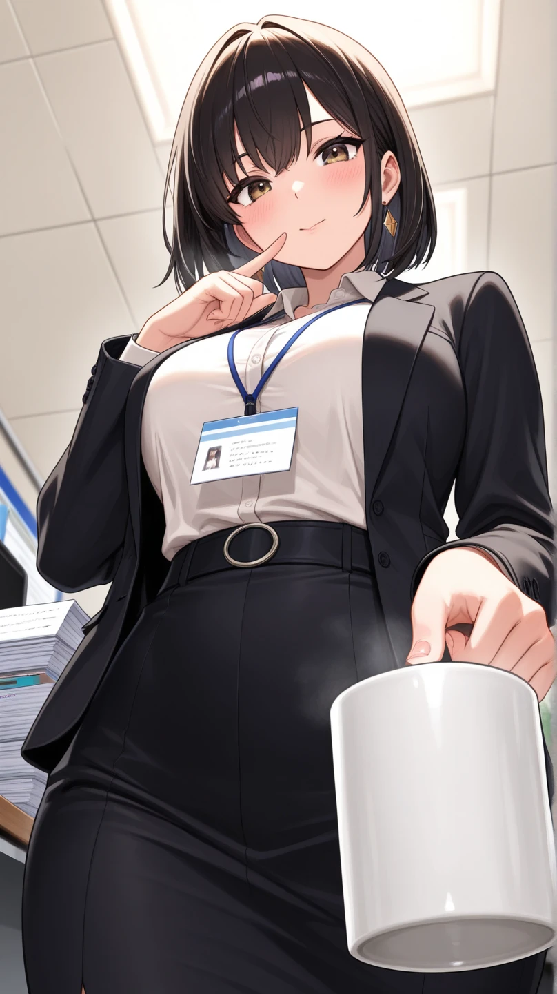 An office worker, she is putting a penis in her vagina. There is a man sitting and she is putting his penis in her vagina. She is putting his penis in the office worker's vagina.
