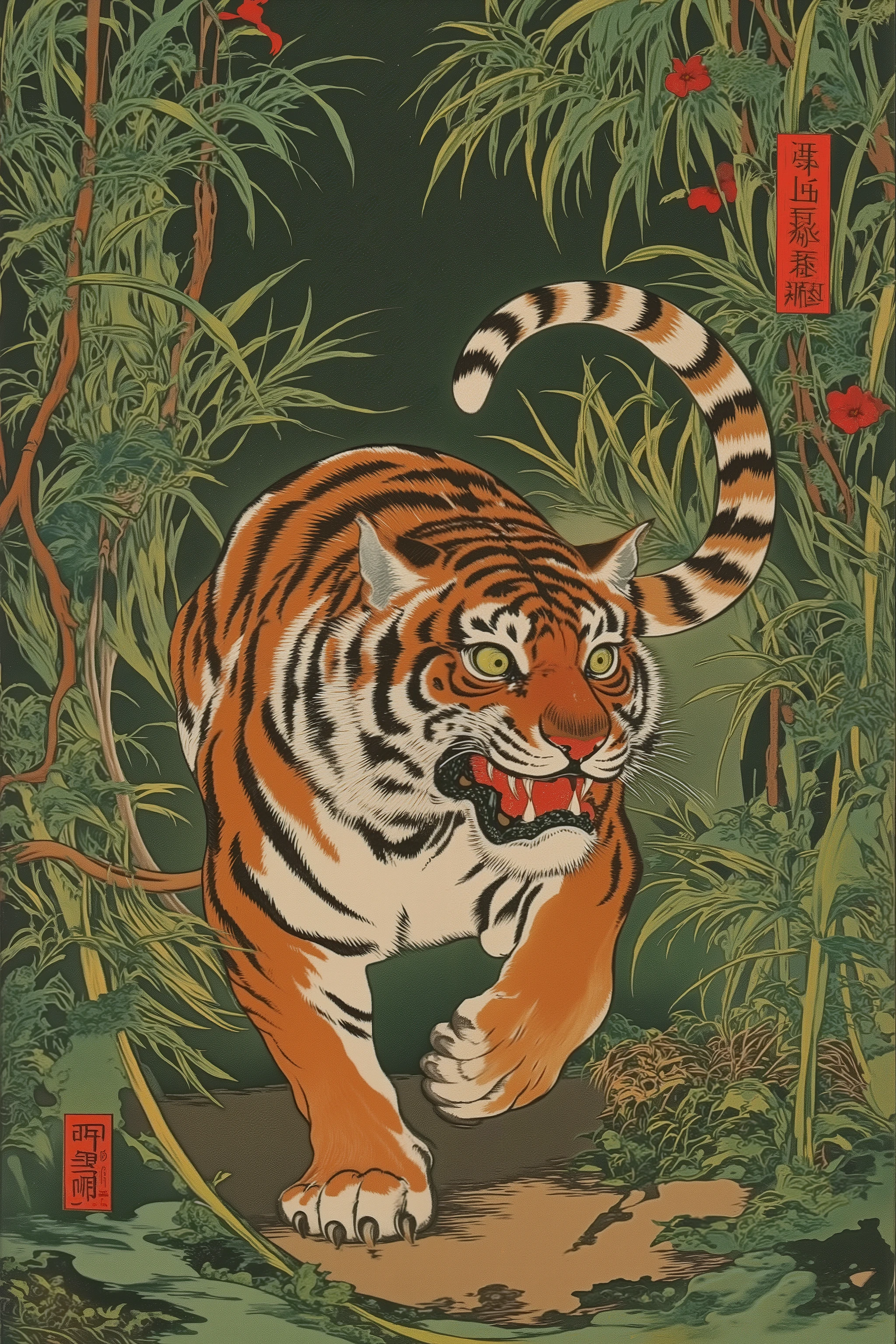 tiger,Bamboo Grove,colorful,vivid color,detailed,ito jakuchu,nihonga,Scary Ukiyo-e