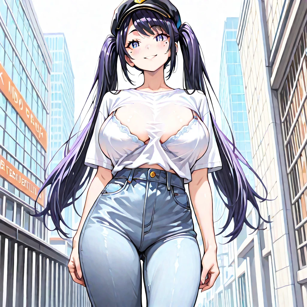 (masterpiece:1.37), best quality, (extremely detailed:1.37), woman, (very long hair:1.5), dark purple hair, purple eyes, (extremely detailed eyes:1.37), hoodie, cleavage, navel, jeans, open fly, desperation, (wetting: self 3.0), standing, city, futuristic, neon lighting, high-tech