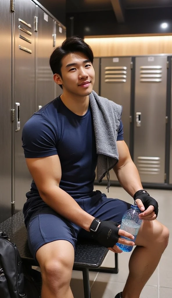 Realistic photography of a asian cute boy, 20 ages , wearing shirt, at random,movement dynamic pose very cool,big muscle