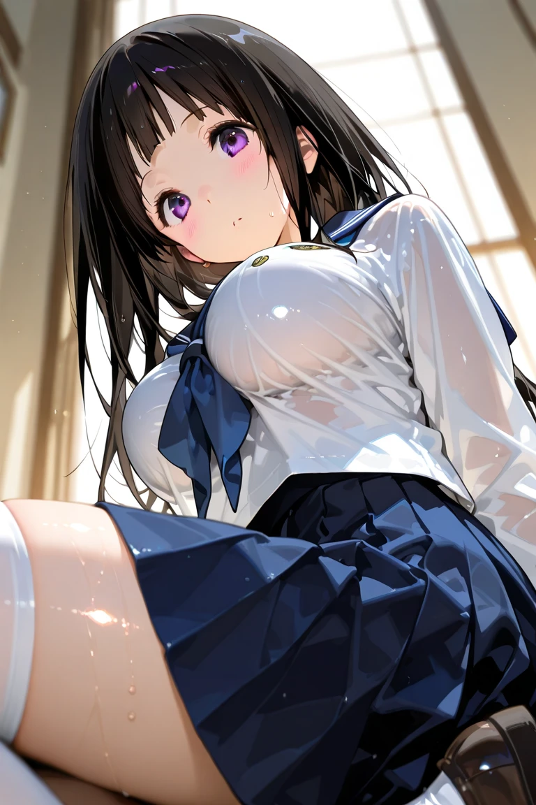 masterpiece, best quality, realistic, photorealistic, great lighting, ultra-detailed, dynamic angle, perfect face, (bright lighting:1.2),beautiful detailed eyes, extremely detailed face, perfect lighting, 1girl, black twintail hair, glasses, clothes about to come off, darkbrown high school uniform, Unbuttoned shirt, pleated skirt, stockings, pumps shoes, room, bed, Turn your hips, get on all fours, lift up one's skirt, ((White panties, cameltoe)), sweaty, wet body, navel out, thighs out, buttocks, large breast, slim, slender, translucent body, Transparent, Embarrassed expression, blush,