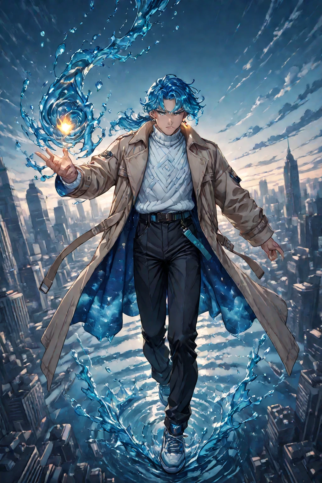 1boy, male focus, blue eyes, water hair, liquid hair, ((blue hair)), long hair, ponytail, low ponytail, bangs, jewelry, earrings, single earring, extremely handsome male, turtleneck, white sweater, long coat, trench coat, printed clothes, sky print, loose belt, (black pants), sneakers, cool_man_style, cool man, stylish man, handsome man, male cool clothes, cool fashion, intricate clothes, intricate accessories, intricate patterns, cool, stylish, solo, serious,, tsunami, water magic, (dynamic pose), nonchalant, dynamic composition, dynamic angle, foreshortening, water swirl, magical, depth of field, skyscraper, city in background, cinematic, cinematic lighting cinematic shadows, vibrant colors, shadows, crystals, terrain, supreme being, glowing, Ethereal elements,