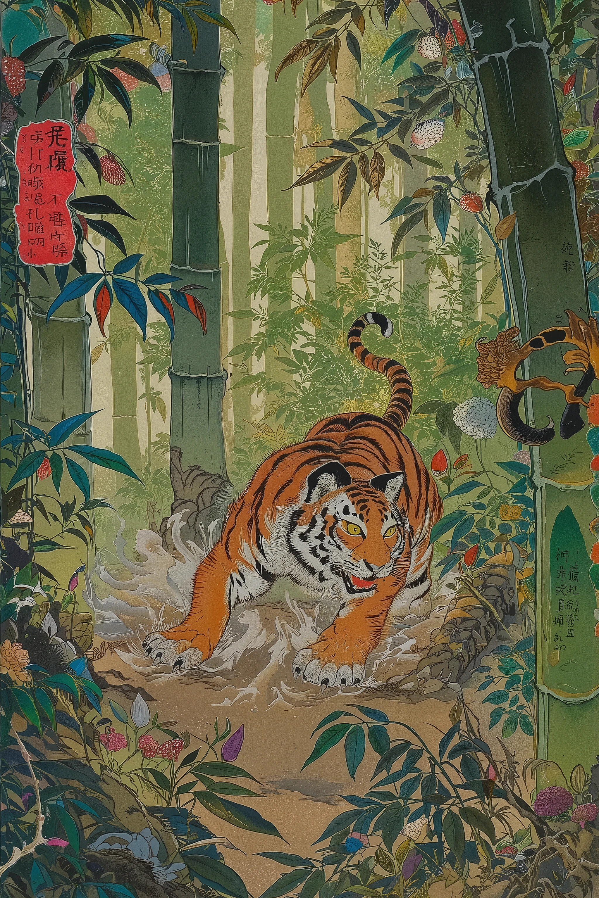 tiger,Bamboo Grove,colorful,vivid color,detailed,ito jakuchu,nihonga,Scary Ukiyo-e