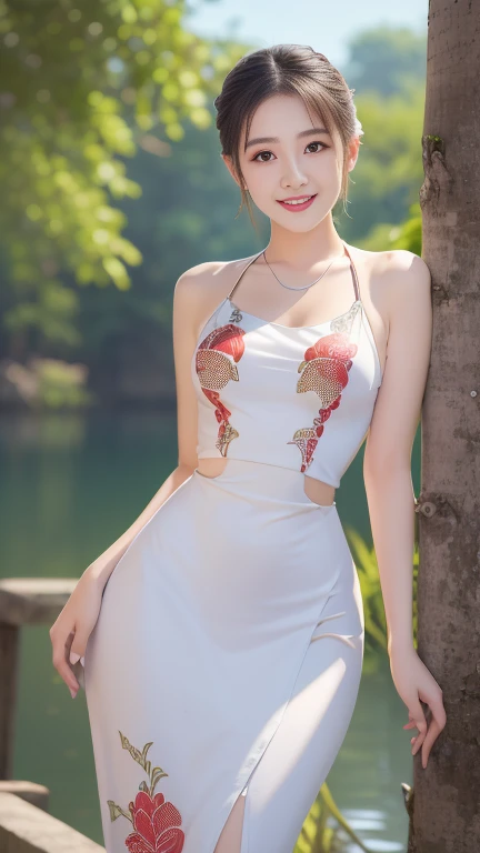 View, panorama, perspective, Depth of the bounds written, bust, Upper body, cinematic angle, table top, highest quality, super detailed, nffsw, 8k wallpaper, beautiful face, delicate eyes, Landmines, alone, smile, silver hair, golden eyes, Fair skin, hair, Red scarf, white evening dress, rose畑, Red flower, rose, flower garden, petal, 飛んでいるpetal, smile