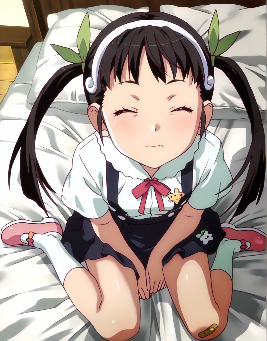 masterpiece, (((pixel-perfect, detail-perfect))), 1girl, indoor, {flat chest:1.4}, {slender:1.4}, looking at viewer, upper body, squatting cowgirl, spread legs, ((leaning forward)), hands between legs, face-to-face, 1boy, penis, virginal, cum in pussy, pussy juice,  from below, on the bed, blush,  sweat, flat color, wide-eyed, open mouth, smile,  hachikuji01, long hair, brown hair, red eyes, flat chest, long twintails, twintails, hair ribbon, white hairband, mini skirt, shirt, ribbon, green bracelet, school uniform, white shirt, short sleeves, blue skirt, suspenders, suspender skirt, white socks, star \(symbol\), loli, official style, in bakemonogatari style, skirt lift, Skinny, petite body, Slim Body, Slim waist, Slim legs, Slim hips
