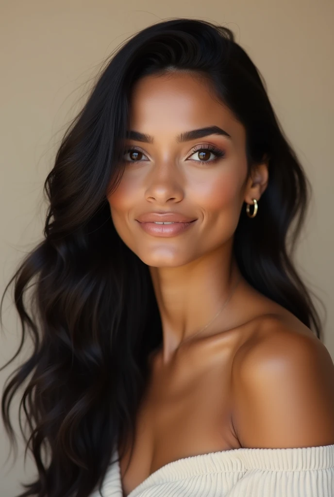 School portrait photograph of a gorgeous half Spanish and half black woman, in her 30s, chocolate brown hair, long wavy hairstyle, hazel eyes, down turned eyes, caramel skin tone, straight nose, heart shaped face, full lips, large breast