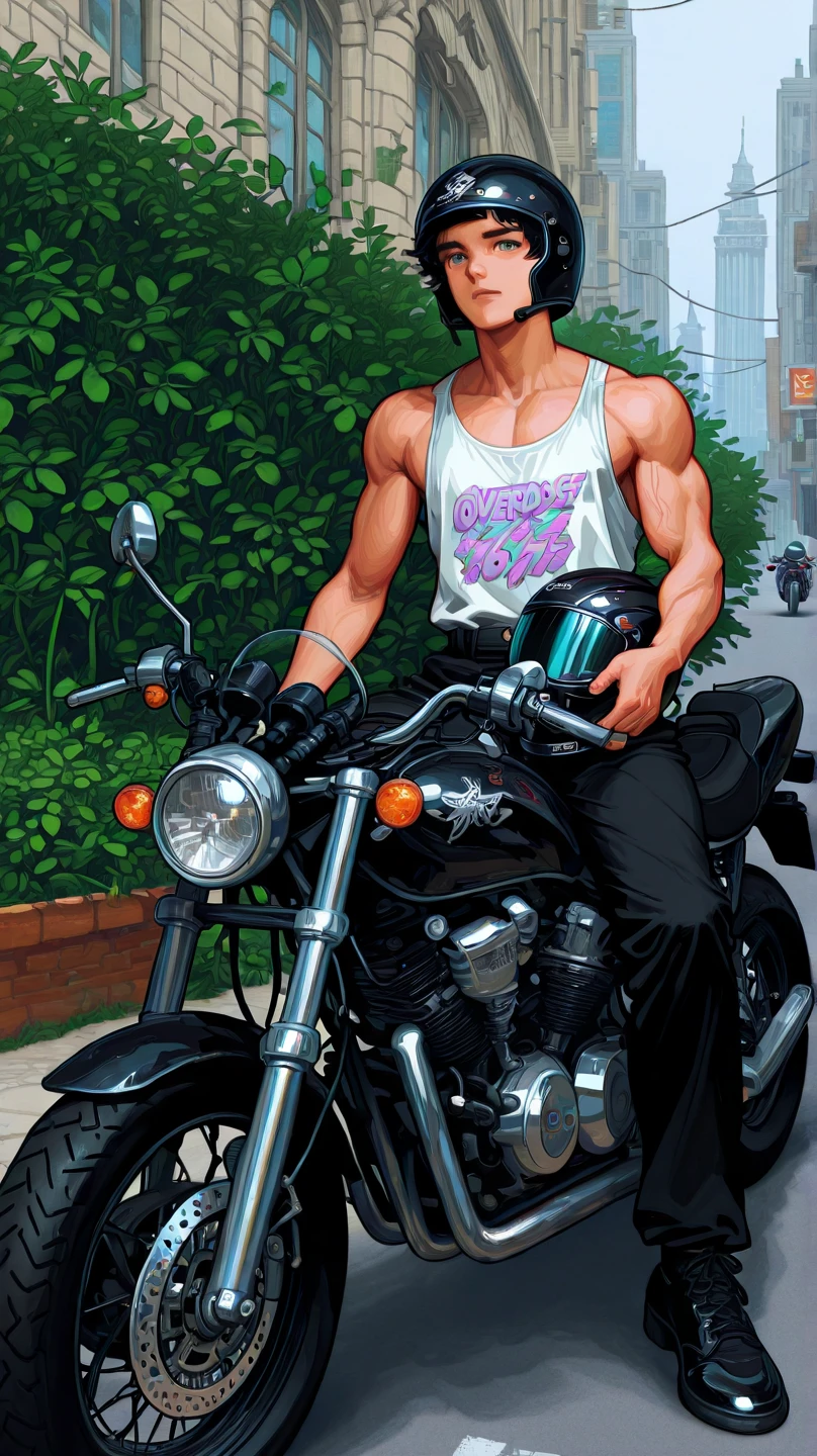 in hentai+ yaoi+anime style
1 fullbody man ridding a motorcycle in central park ((fullbody)) illustration in anime+yaoi+hentai style, hentai style, a blendmix photograph and painting, perfect divine proportion composition, 8k resolution A young man, latino, cinnmon skin, thin face, straight nose, thin lips, square chin, large black eyes, short black, wavy hair, in roberto ferri style, aesthetic slim athletic body, very tall, latino, realistic skin, gorgeous, realistic detailed tonned muscles, barefoot, perfect anatomy, muscled fitness body, 195cm tall, realistic skin, skinny realistic detailed muscles, he is, ((wearing green little shorts)) shirtless, pantless, barefoot ridding a black and golden motorcycle in Central Park , New York arms up barefoot, perfect detailed feet, relaxed body lenguaje, relaxed face expresion. ((side view, storbe lighting, Leading Lines composition )) background art central park Angel of bethesta fountain, golden hour, people walking