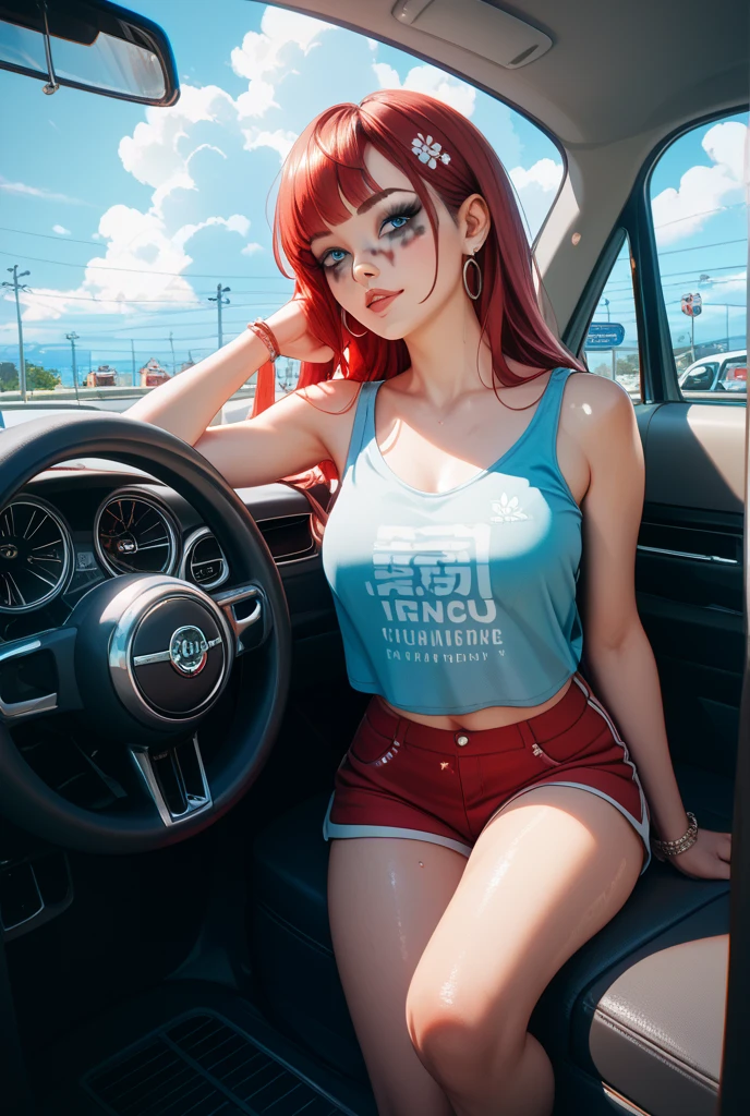 vintage manga sci-fi 80's. A beautiful teen emma watson inside her futuristic car. freckles, sparkly blue eyes. tight sparkly intricate red leather bikini. texturized crop top. background palm trees.