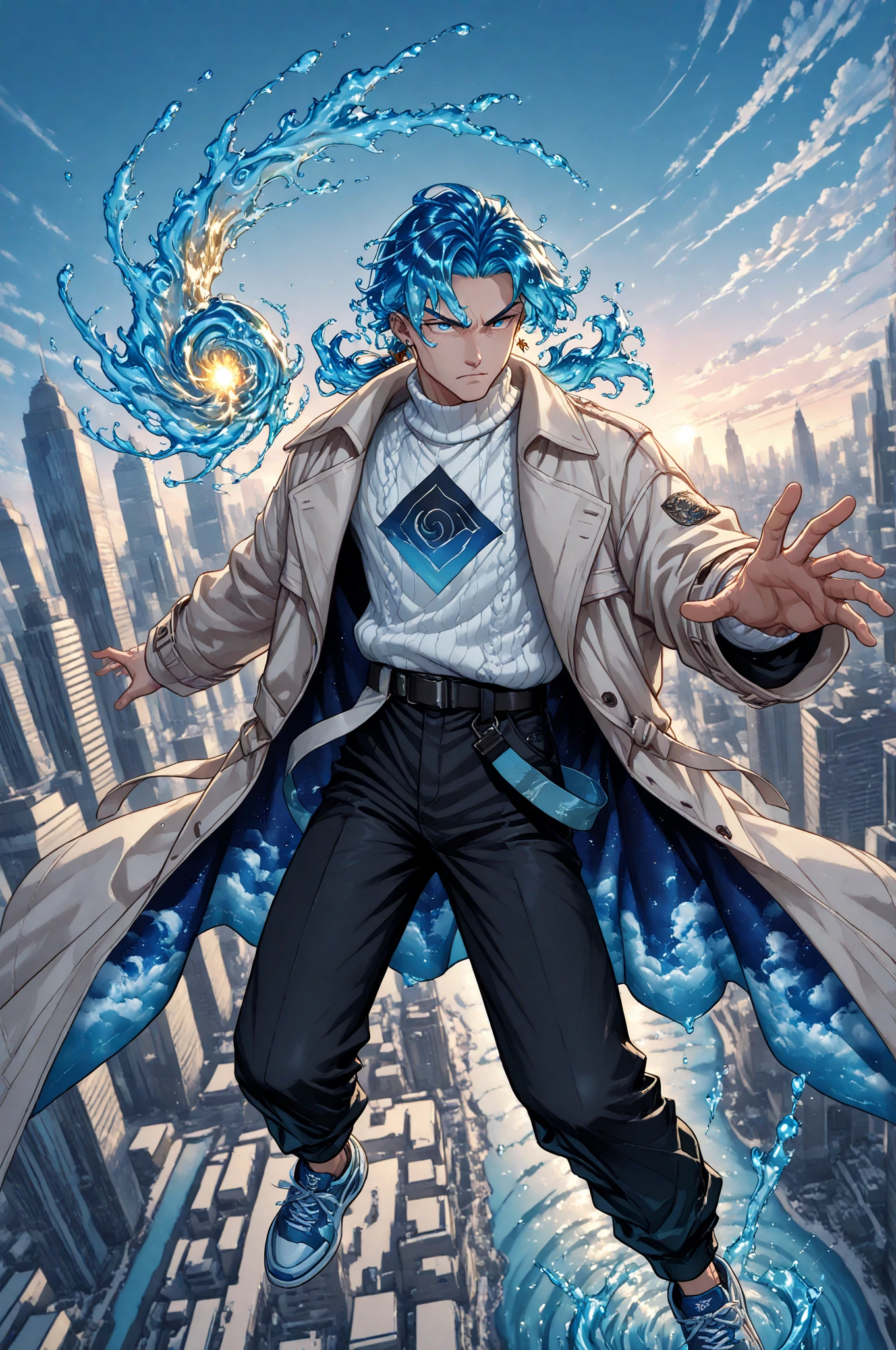 1boy, male focus, blue eyes, water hair, liquid hair, ((blue hair)), long hair, ponytail, low ponytail, bangs, jewelry, earrings, single earring, extremely handsome male, turtleneck, white sweater, long coat, trench coat, printed clothes, sky print, loose belt, (black pants), sneakers, cool_man_style, cool man, stylish man, handsome man, male cool clothes, cool fashion, intricate clothes, intricate accessories, intricate patterns, cool, stylish, solo, serious,, tsunami, water magic, (dynamic pose), nonchalant, dynamic composition, dynamic angle, foreshortening, water swirl, magical, depth of field, skyscraper, city in background, cinematic, cinematic lighting cinematic shadows, vibrant colors, shadows, crystals, terrain, supreme being, glowing, Ethereal elements,