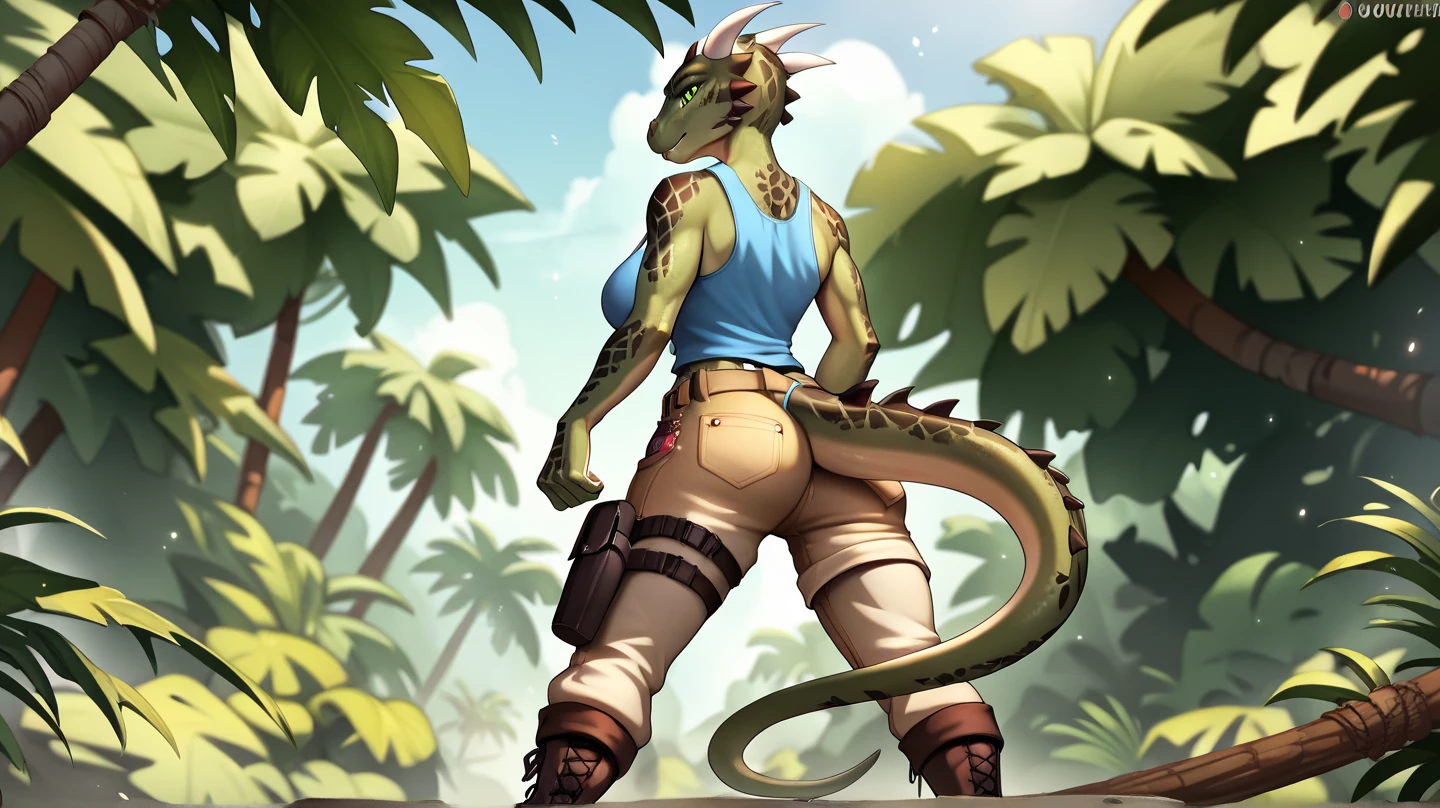 Green Wild reptile female, huge Breasts , Red Clothing ,Full body ,ass visible through thighs ,(( Better quality )) ,((tribal markings)), yellow pupils , wearing short dress, ((lizard body)) ,lips