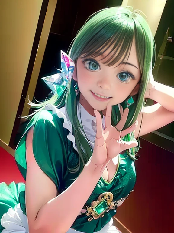 Best picture quality (8K, high resolution, Masterpiece: 1.2), super detailed, anime art style, dynamic angles, teen style, (china dress, exposed shoulders, earrings, indoor,), detailed green hair, detailed blue eyes, complex hairstyles, long hair, slim body, sparkling eyes, youthful Japanese anime heroine MAOMAO, hair accessories, earrings, half up, slightly dull bangs, detailed lighting, bright colors, looking at viewer, center of picture, cowboy shot, shy smile, green hair, green hair, Japanese anime heroine MAOMAO from kusuriyanohitorigoto , random cute pose ,big eyes
