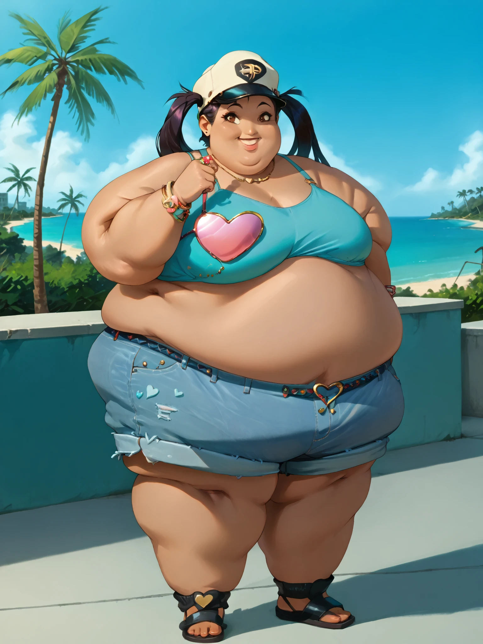 (work of art:1.2, best qualityer:1.2), soft ambient lighting, perfect lighting, 1 girl, standing alone, Chel, Bblack hair, long hair, rhombus stripe, eyes browns, darkskin, lipstick, breasts big, Broad Hips, top of the tube, neckleace, bared shoulders, emerald earrings, emerald bracelets, looking at the camera with a smug expression on his face, beach background, very large body, fat belly rolls, big breasts, sexy smile, fat arms, thunder thighs, super fat, looking at viewer, wet clothes, sweating very hard, sexy looking, blob, breathtaking