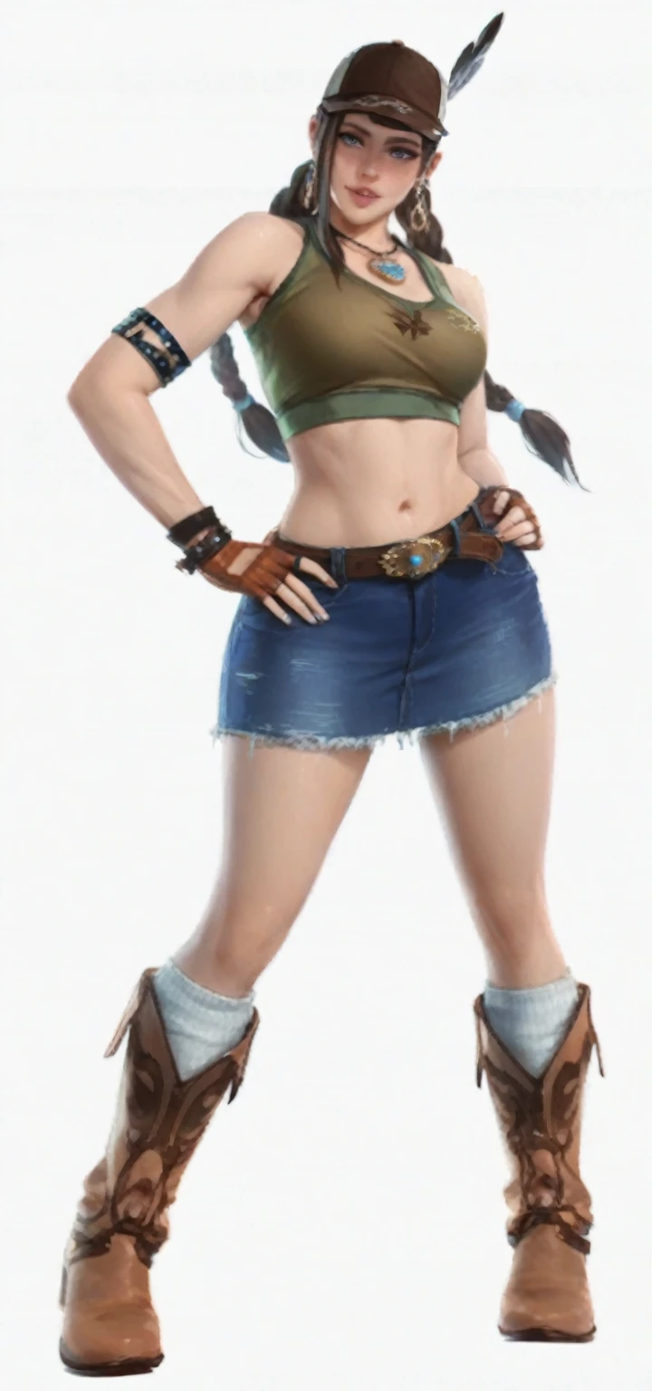 Low view perspective, redhaired girl as a superheroine, straight redhaired, bangs, skirt,  super powerful, pink eyes, midriff, riding boots, white socks, toned arms, toned abs, tall and sexy, powerful, superb face, perfect body, tall, happy, smug, large chest, choker collar, 20yo, toned abs, evil smirk, hat