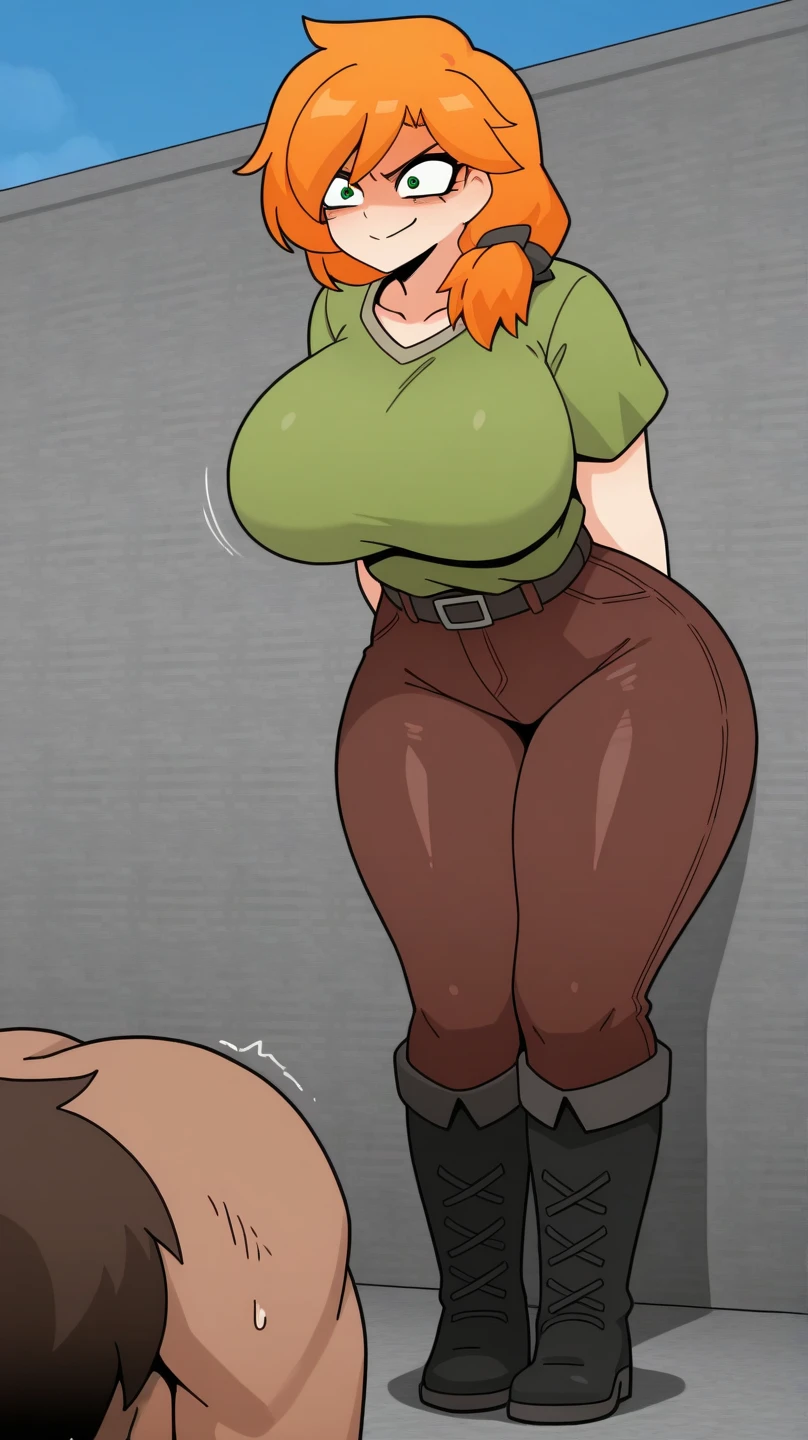 The beautiful, (tmasterpiece:1.2), (Best quality at best:1.2), perfect eyes, s the perfect face, perfect litthing, 1个((Giant tits)) Girl, Sam, standing back, metathorax, baseball cap, black in color, , Brown hair, Crop top, cutoff point, Denim, denim short, facing away, from back, has cleavage, high legs, high legs, long whitr hair, median furrow, , Micro shorts, , pony tails, panties, Side breasts, Background with, Alone, vests, upper legs, Tong, underbust, underdressing, venue, grassy, walkway, humongous large breast, Wide hips, Place your arms at your sides ((perfect hand)) ((scarf)) ((gloves)) ((hands on hips)) ((nsfw))
