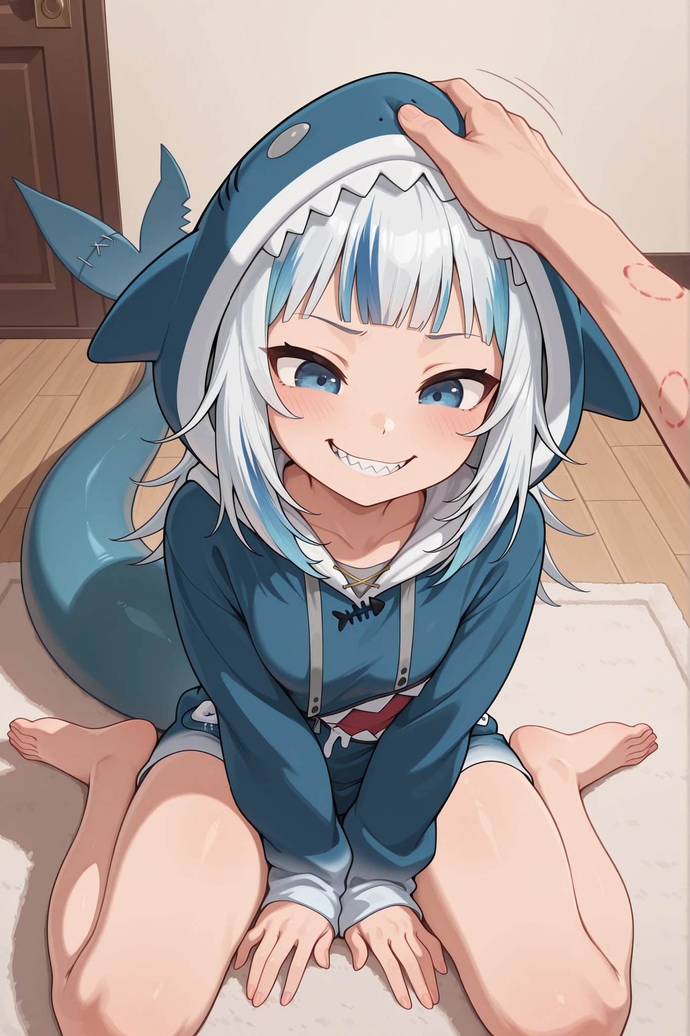 masterpiece, best quality, amazing quality, newest, very aesthetic, 1girl, gawr gura, shark tail, animal hood, hoodie, blue pajamas, sharp teeth, wariza, sitting, on ground, BREAK, hand pov, headpat, bite mark on arm, indoors, absurdres, highres