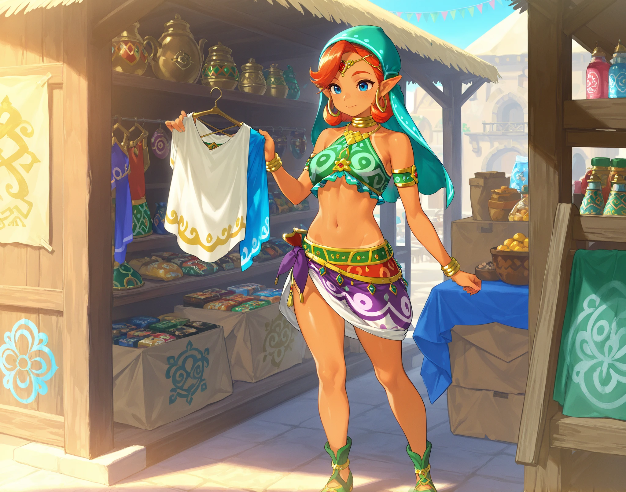 score_9, score_8_up, score_7_up, solo, masterpiece, 1girl, gerudo woman race, selling items standing, tan, full body, medium size breasts ,atlhetic body, nice clothes, gerudo Market, joias de diamante e roupas em manequins, display pedras preciosas, placa gerudo Market em idioma hyrule
