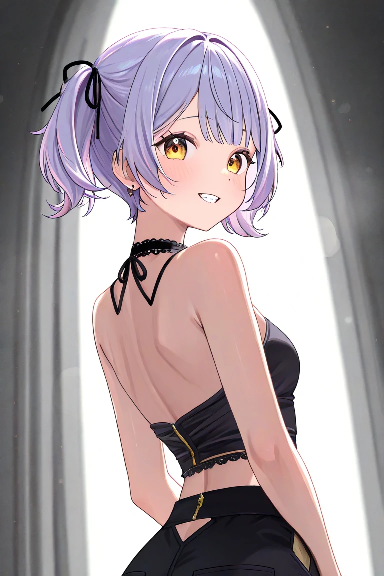 (8K、highest quality、masterpiece:1.2)、Super detailed、super resolution、Realistic、(1girl) 、(purple hair)、short hair。(blunt bangs:1.5),pink eyes、(face focus,cowboy shot),(glowing eyes:1.4),((white sweater: 1.3))、(grin:1.3),open mouth、cute face,blush、small breasts,(simple background),naked sweater, sweater, meme attire, virgin killer sweater, breasts, turtleneck sweater, bare shoulders, turtleneck, sweater dress, ribbed sweater, sideboob, halterneck,backless dress,from behind
