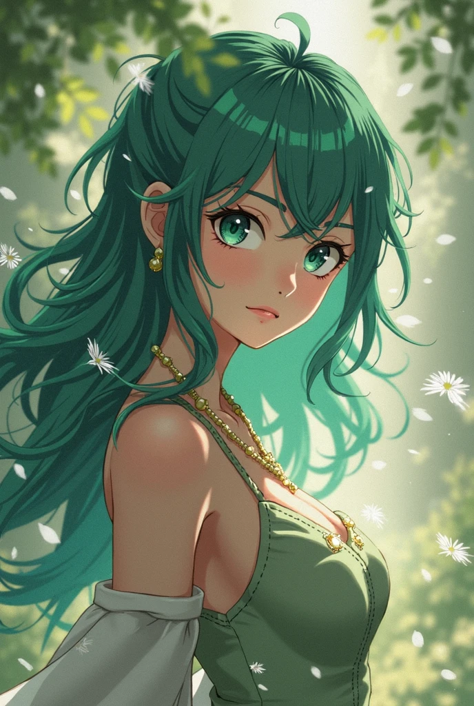 Close up of a woman wearing a green dress and necklace, A work of art in the Quwaiz style, Realistic anime in 3D style, Beautiful anime picture, realistic anime style, Detailed image of an anime girl, Beautiful portrait, By Yang J, stunning anime face portrait, Realistic anime art style, Anime girl picture, Nice anime style