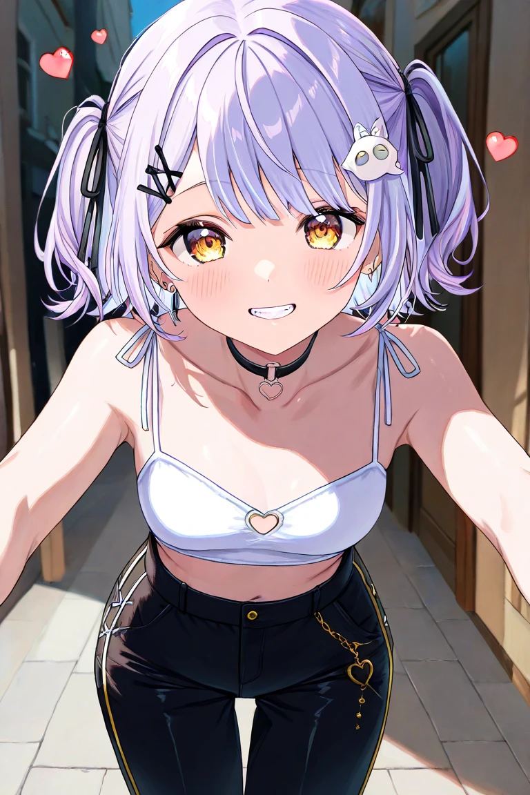 ((Masterpiece)), (highly saturated), (Anime:1.5), ((best quality)), (sketch:0.3), (best quality:1.2), (Professional Photography:1.2), (12 years old), ((1girl)), Textured skin, cinematic lighting, intricate details, pale purple hair, cute teenage girl, (shy and very blush), lower eyelashes, (twin braids), single elbow glove, ragged short shorts, cute bikini top only, (strap slip), Thin chain necklace, belt, bullet, upper body, potrait, (place hand on hip), ((on the Highly developed city)), (sharp focus), perfect hands, perfect light,