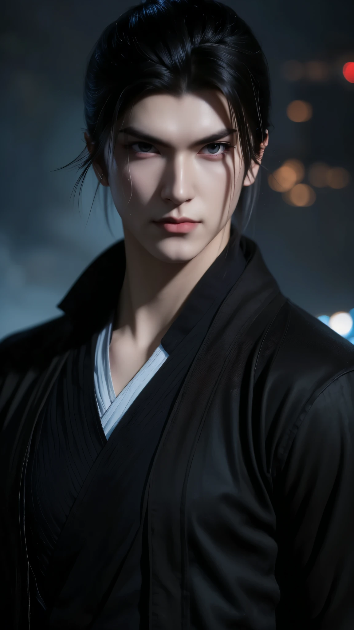 Solo Leveling
(portraiture 1/2) ultra-detailed 8K masterpiece of a lone male assassin character inspired by Kaneki Ken in Tokyo Ghoul, laugh confidently, cruel, in the art style of Solo Leveling. short black hair, glowing purple eyes, pale skin , cinema light, Strong depth of field. Black hood, rain drenched, standing alone in dark Tokyo cityscape. Hair partially covering the face, gaze attentively looking at the viewer, somber and dramatic expression. Luxurious fabric motif on