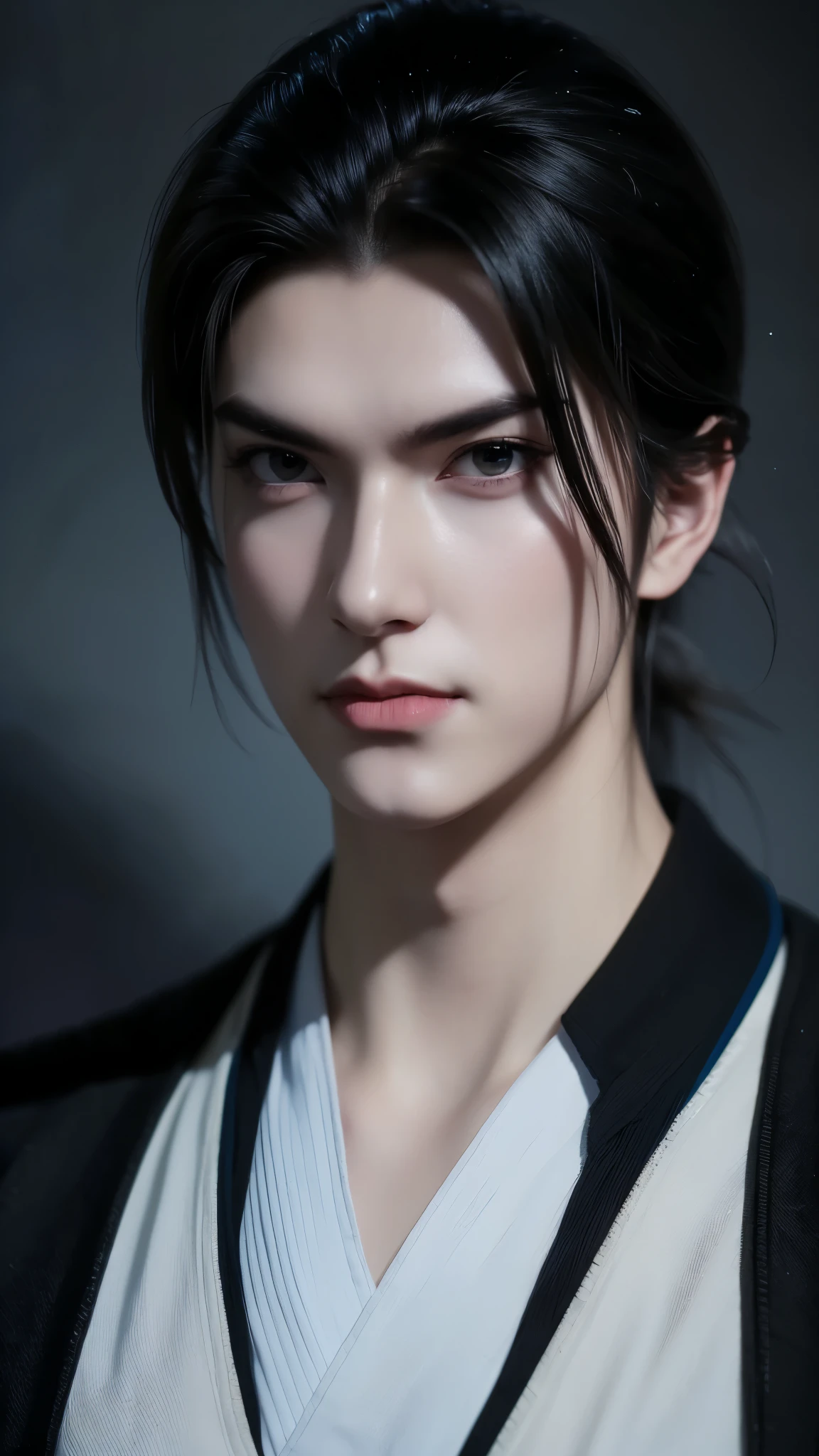 Solo Leveling
(portraiture 1/2) ultra-detailed 8K masterpiece of a lone male assassin character inspired by Kaneki Ken in Tokyo Ghoul, laugh confidently, cruel, in the art style of Solo Leveling. short black hair, glowing purple eyes, pale skin , cinema light, Strong depth of field. Black hood, rain drenched, standing alone in dark Tokyo cityscape. Hair partially covering the face, gaze attentively looking at the viewer, somber and dramatic expression. Luxurious fabric motif on