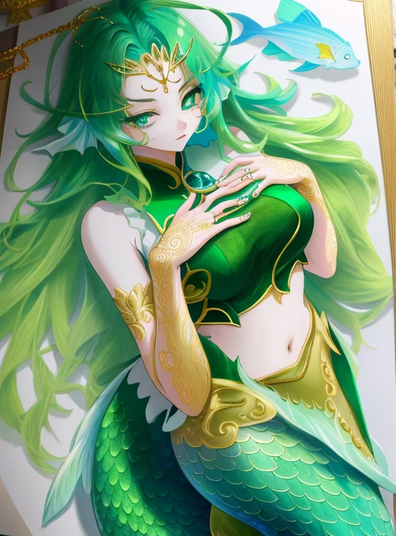 4k,hight resolution,One Woman,dark green hair,lamia,Green scales,egypt god,Costume with golden decoration,jeweled costume,Standing posture
